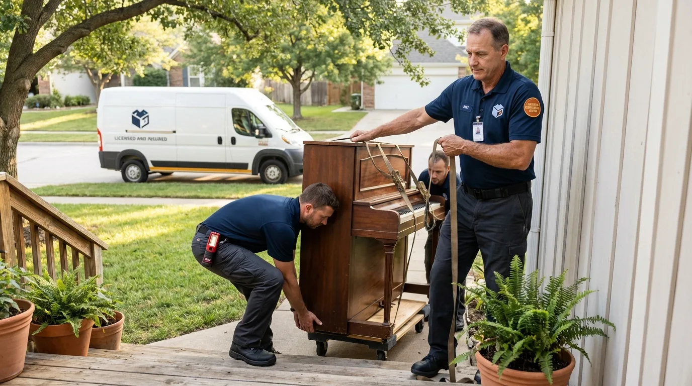 Licensed piano movers securing grand piano in Agoura Hills, CA