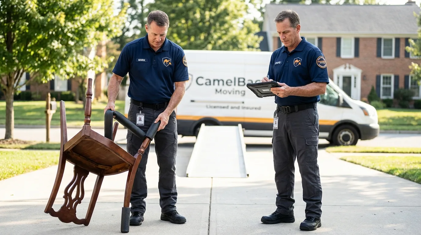 Movers inspecting furniture for damage prevention before loading in Agoura Hills, CA