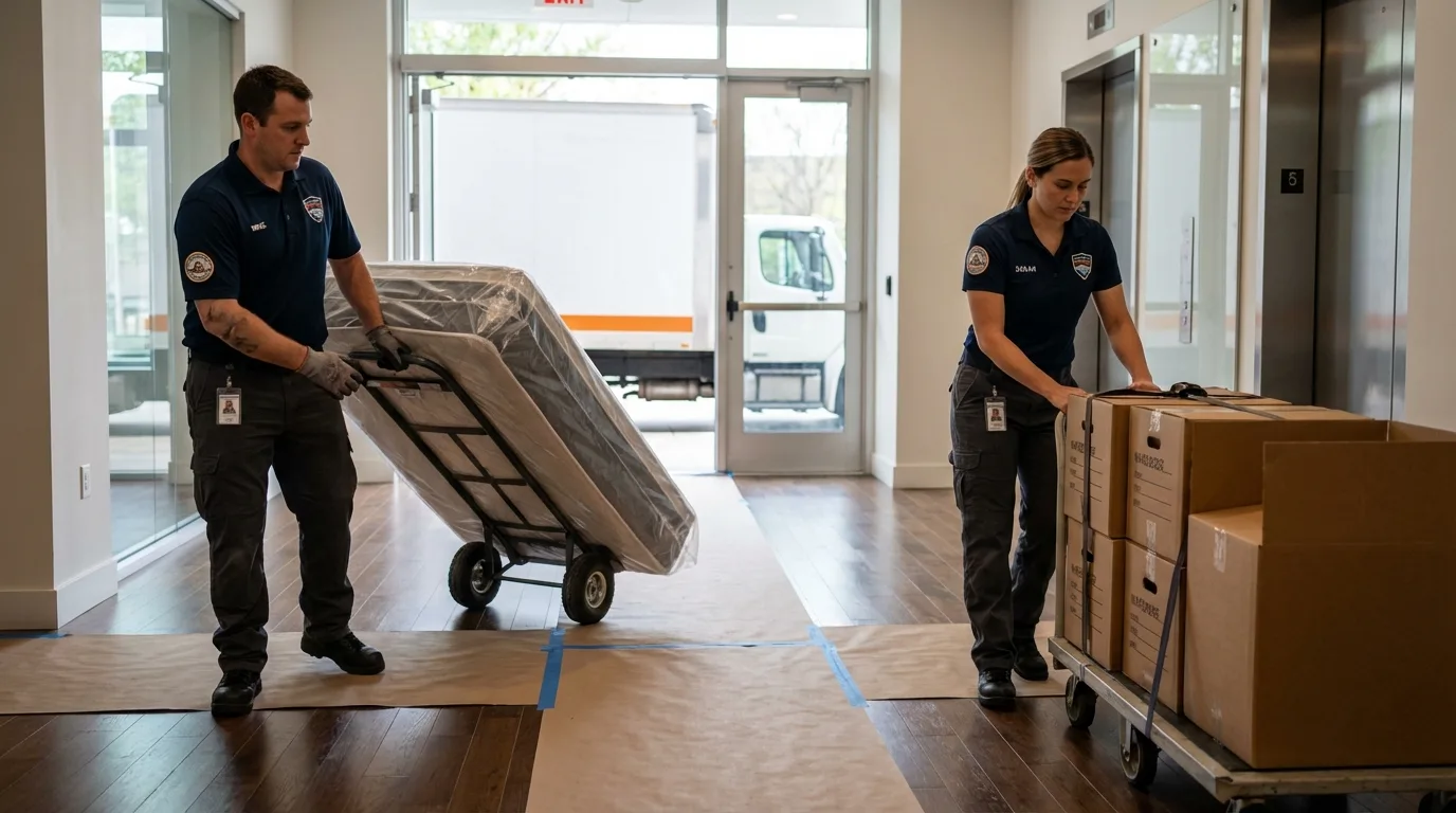 Professional apartment movers loading elevator in Agoura Hills, CA